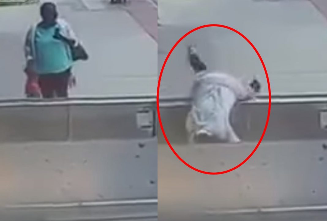 Por ir distraída en el celular señora cae por acceso en la banqueta ¡Echen paja!