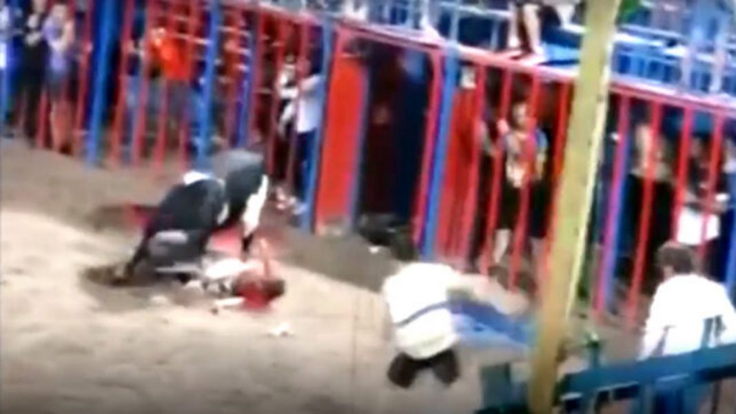 Toro embiste a niño que cayó de las gradas