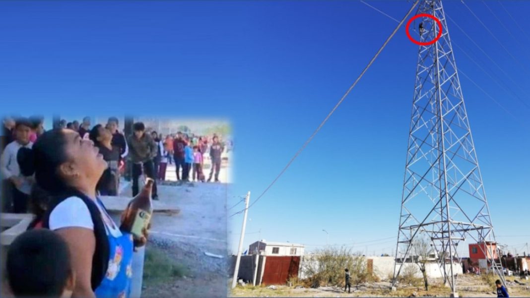 Con una caguama intenta convencerlo de que no se lance de una torre de la CFE