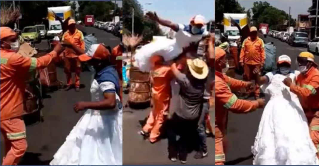 Barrenderos encuentran vestido de novia, ¡se pusieron a bailar como en XV años!
