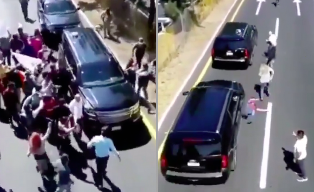 Camioneta de AMLO impacta a manifestante, en Tlaxcala