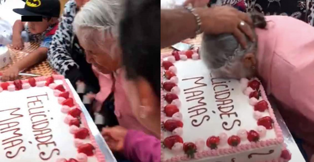 Empujan a abuelita al morder su pastel del Día de las Madres