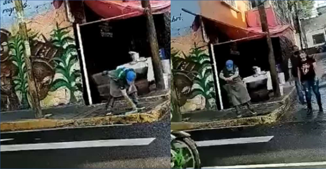 Taquero enjuaga el trapo en un charco