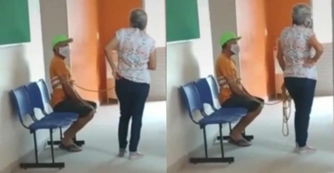 Ata a su esposo para llevarlo a vacunar contra el COVID-19