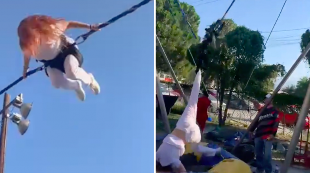Se sube al bungee trampolín y queda colgada