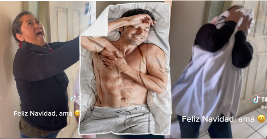Mamá feliz porque el hijo le regaló una cobija de Chayanne