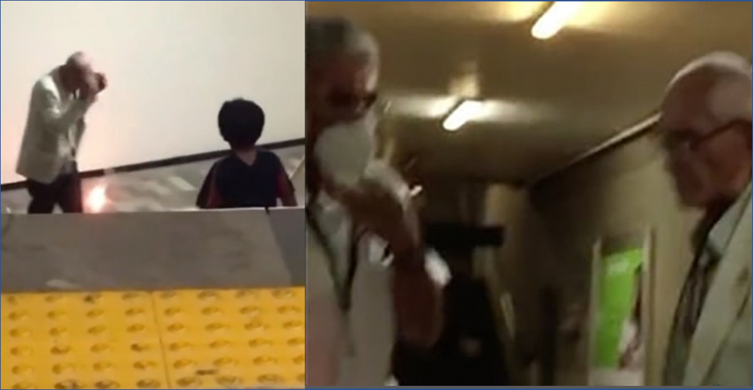Travieso abuelo truena cohetes en el metro junto a su nieto