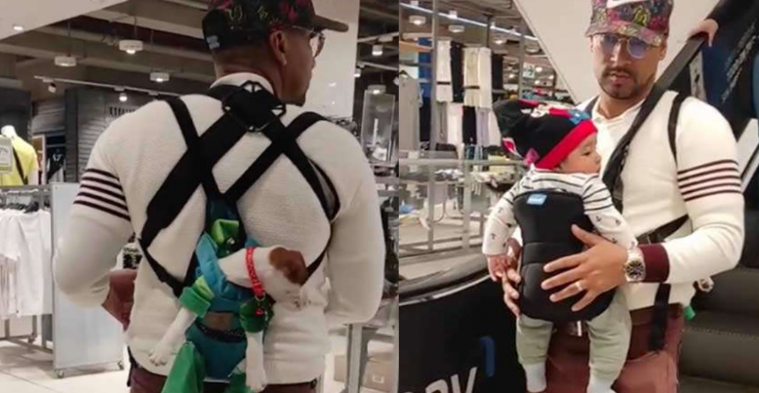 Papá luchón va de compras con su hijo y perrhijo