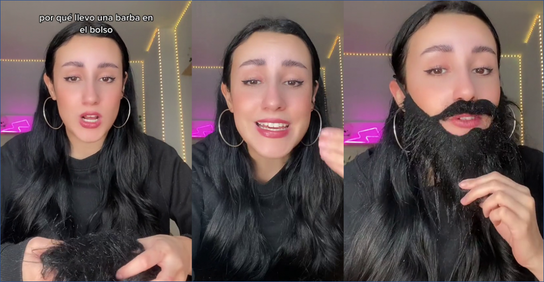 Jovencita usa barba falsa al caminar sola de noche por la calle