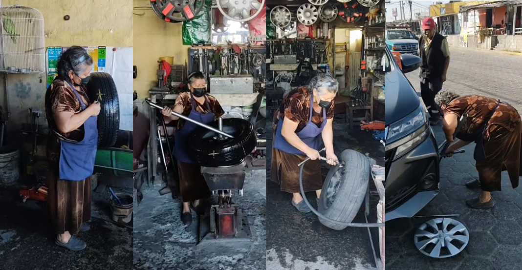 Doña Laura repara llantas en una vulka desde hace 30 años